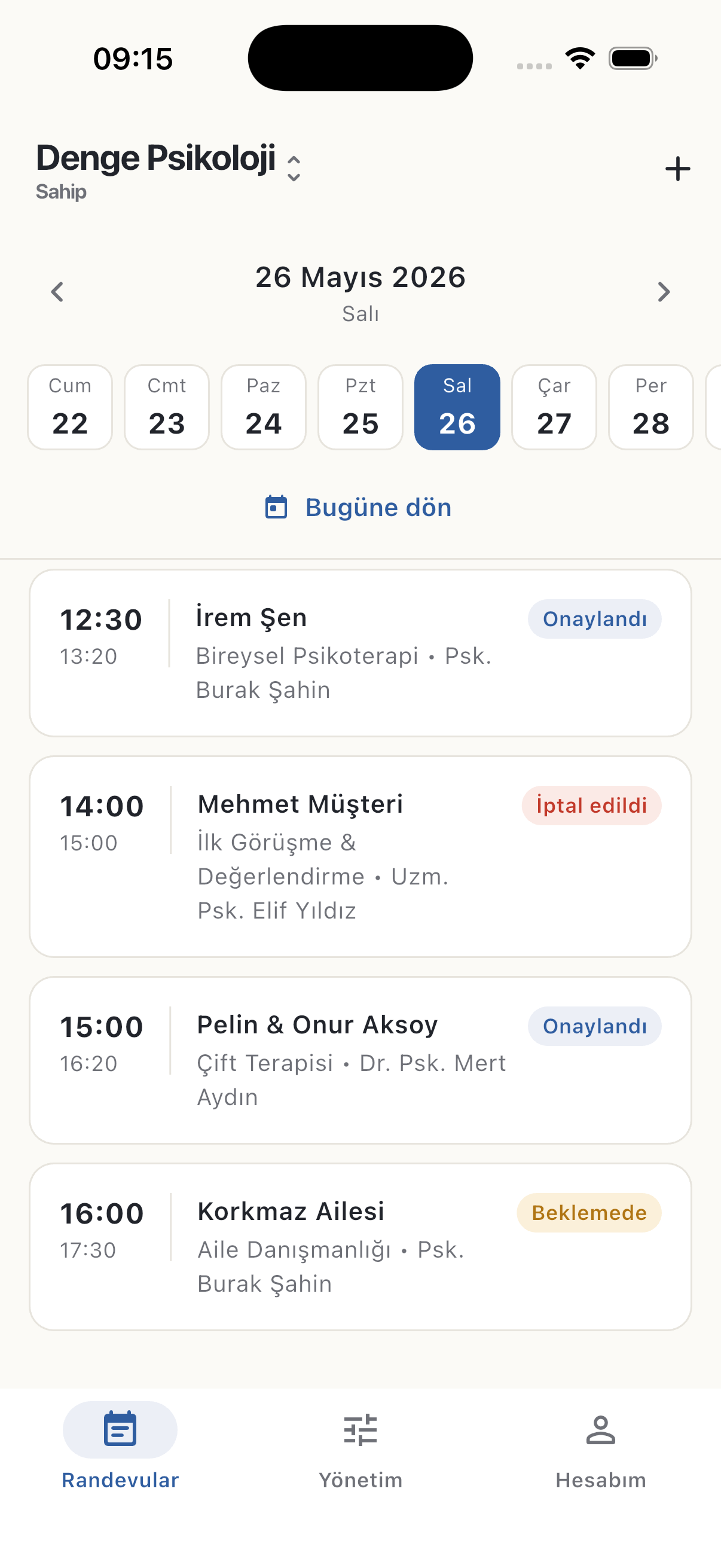 İşletme uygulaması — başka bir güne ait randevu listesi