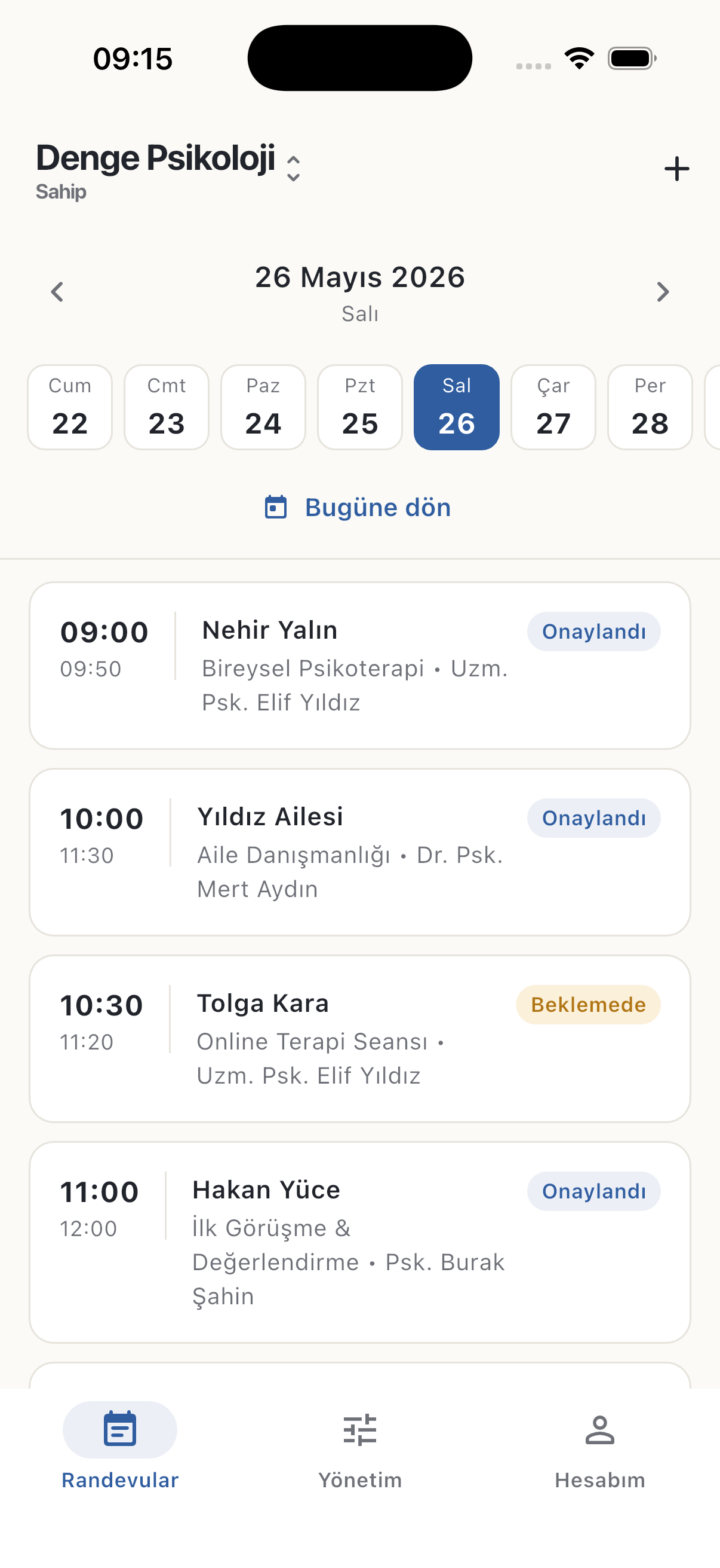 İşletme uygulaması — günün randevu ajandası