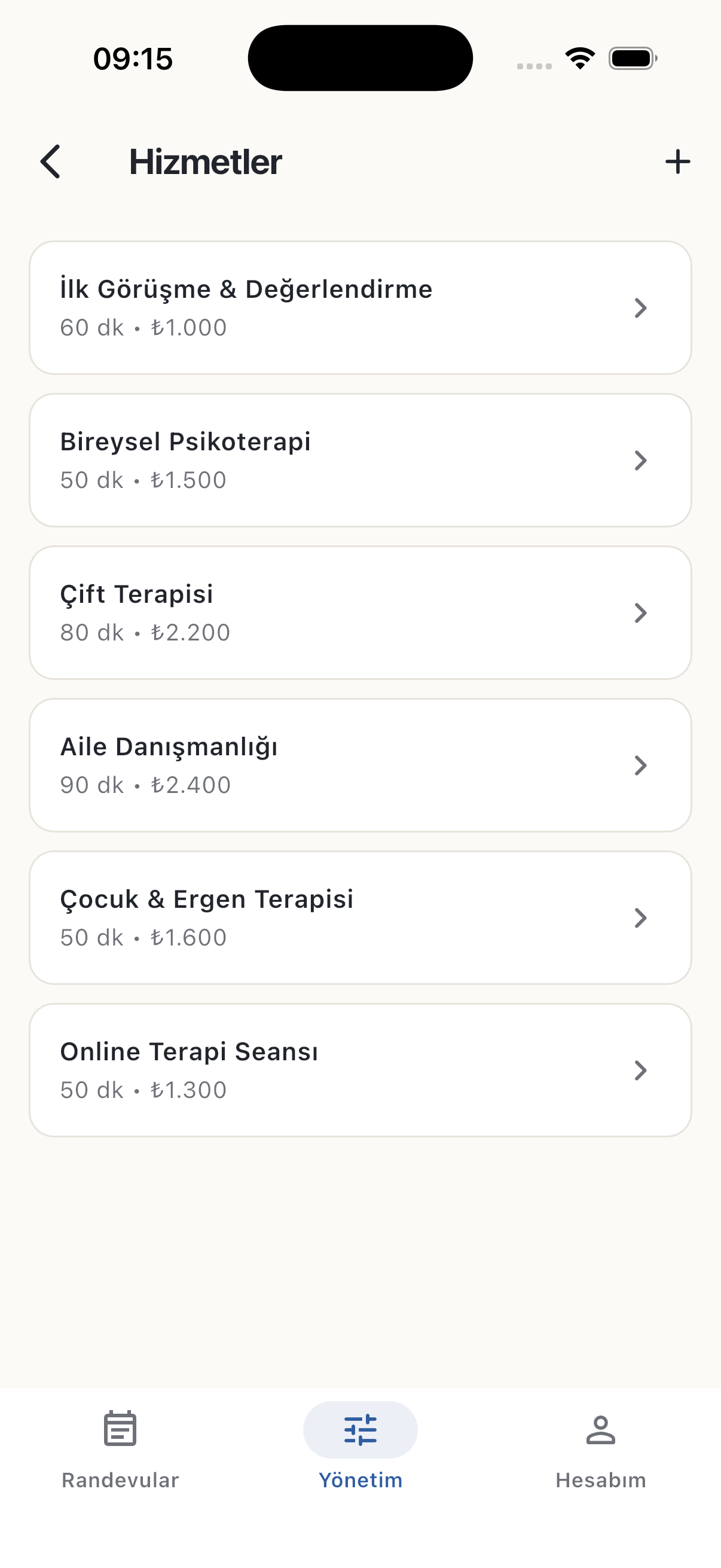 İşletme uygulaması — hizmetler listesi