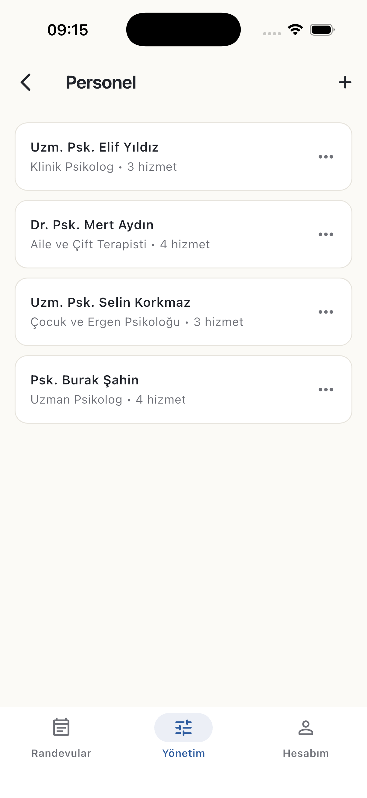 İşletme uygulaması — personel listesi