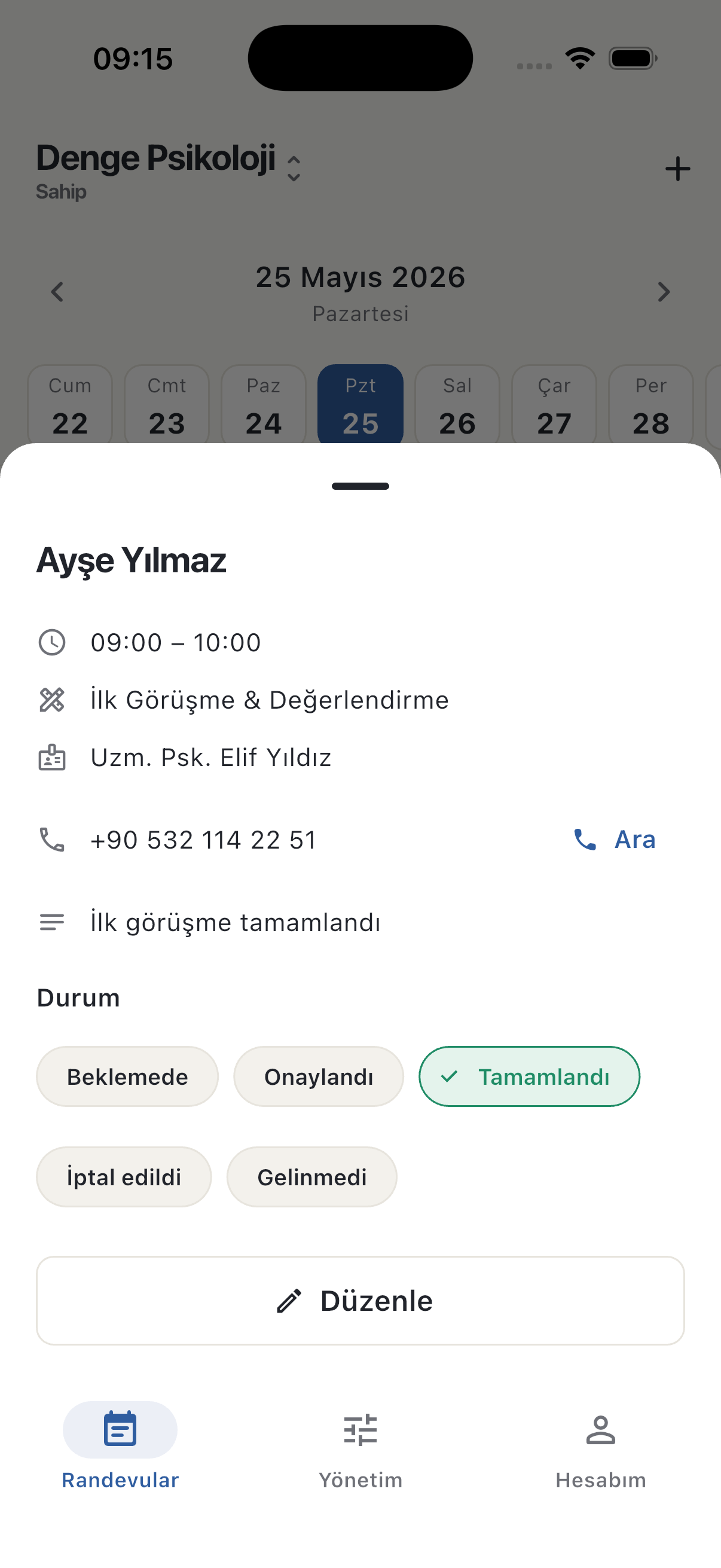 İşletme uygulaması — randevu detayı ve durum yönetimi