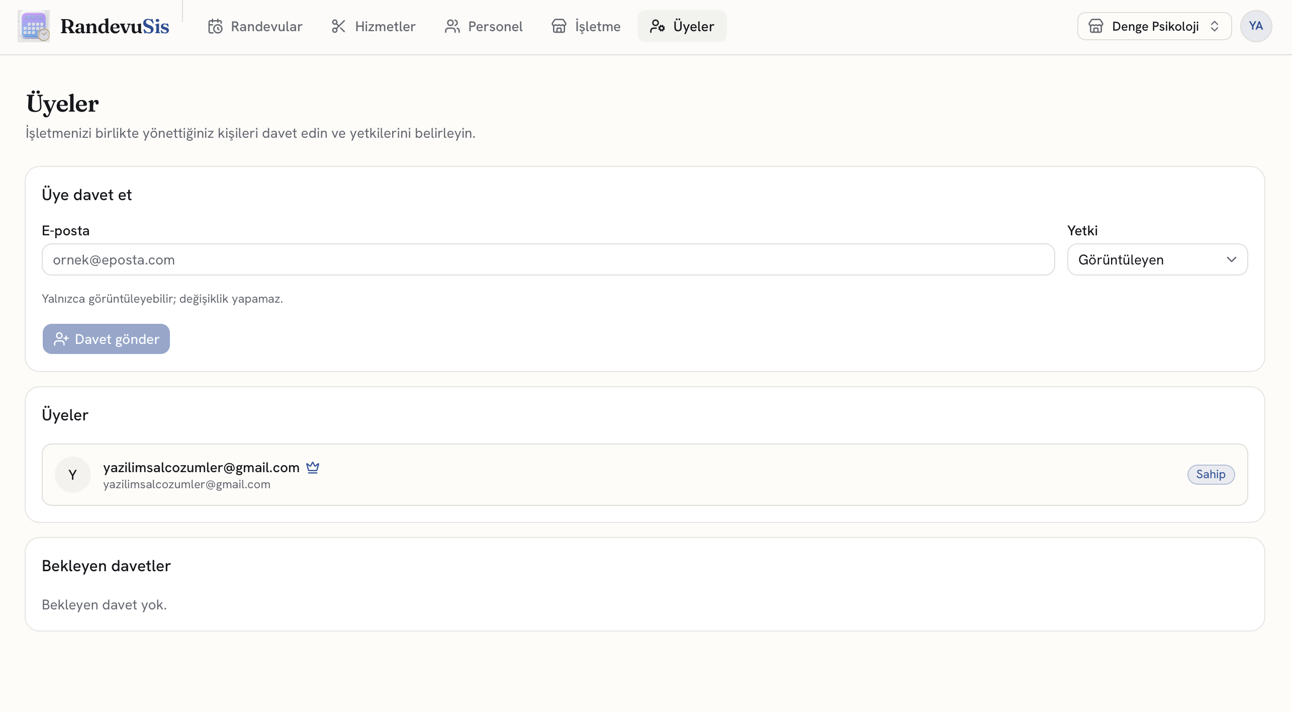 RandevuSis web paneli — üyeler ve davetler