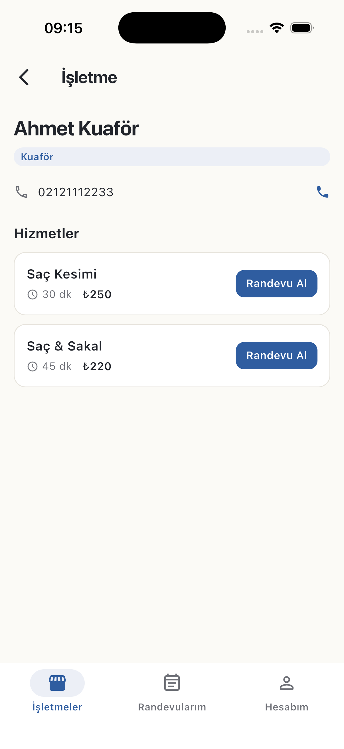 RandevuSis — işletme detayı ve hizmet seçimi