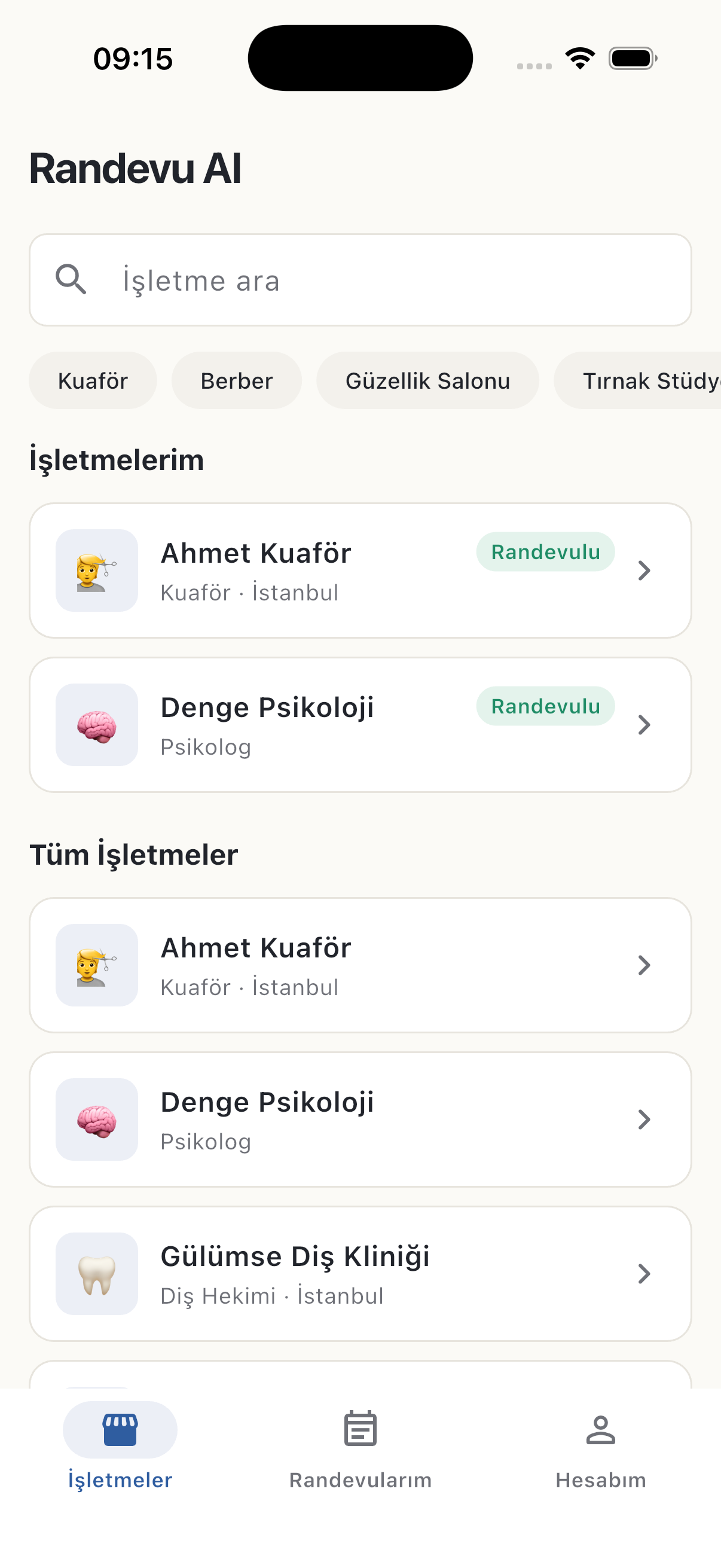 RandevuSis — işletme keşfet ve arama ekranı