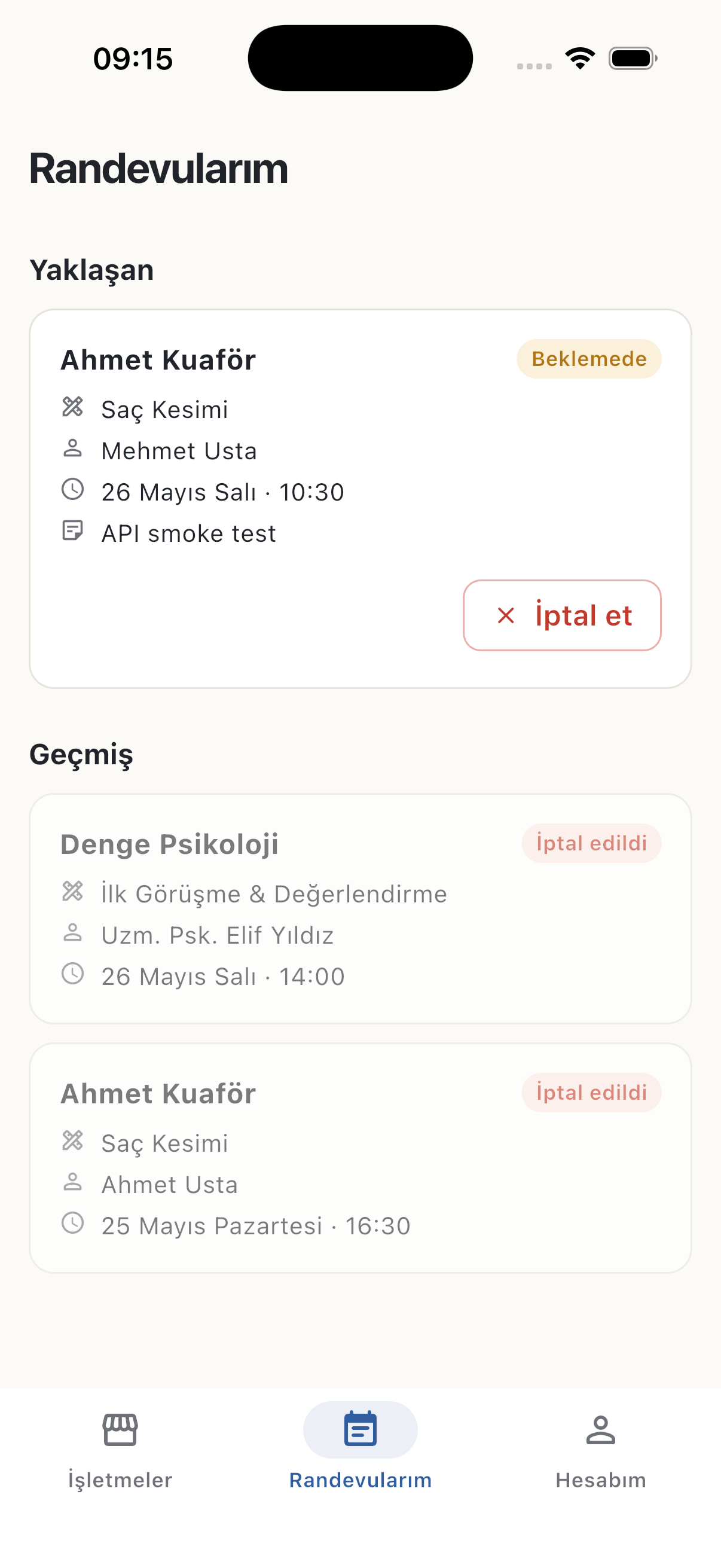 RandevuSis — randevularım ekranı